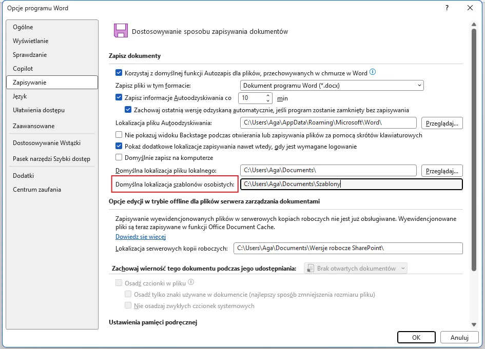 Pole Domyślna lokalizacja szablonów osobistych