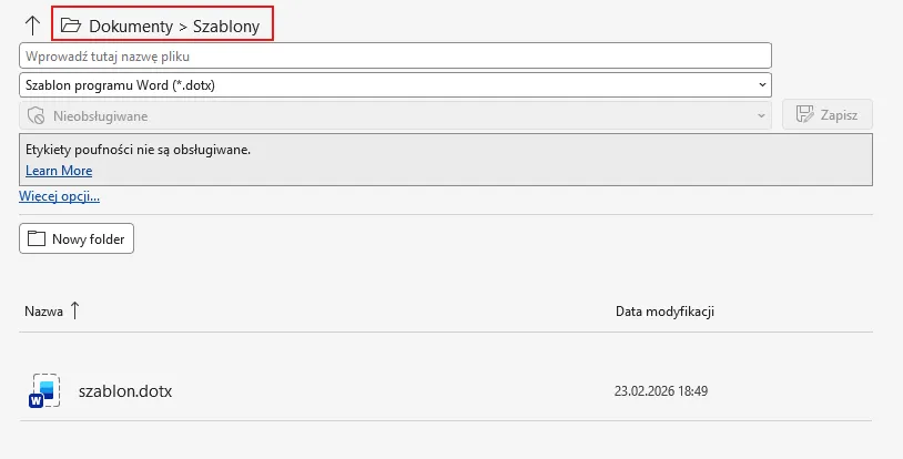 Domyślny folder przy zapisie szablonu
